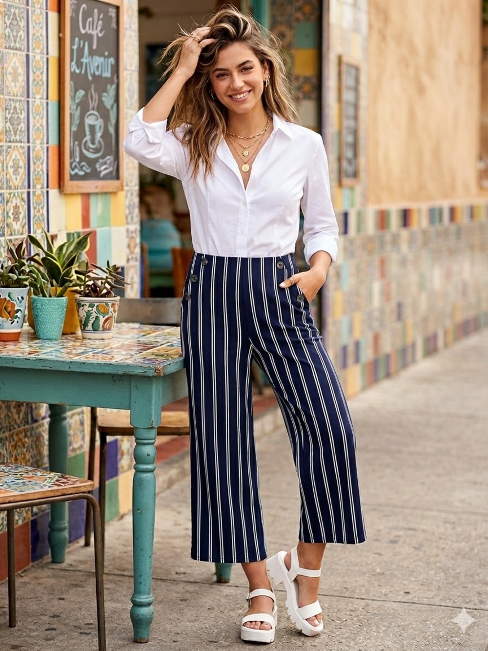 Sailor Pants Wide Leg Nautical Stripes Navy Blue/White Faux Pockets Buttons Sz L